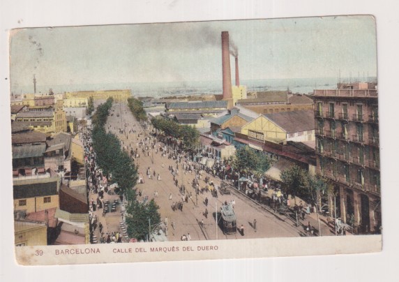 39 Barcelona.- Calle del marqués del Duero. Franqueado y fechada el 30 Mayo 1913. Destino: Sevilla, Oficina de obras Estación M. Z. y A.