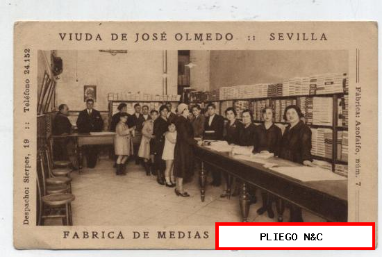 Postal Publicitaria. Fábrica de Medias y Calcetines. Vda. de José Olmedo. Sierpes 19. Sevilla