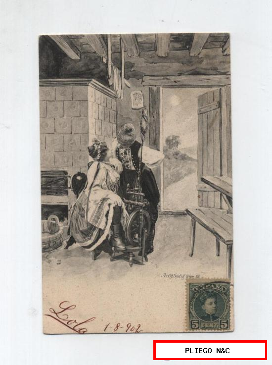Postal Alemana. Franqueado y fechado en Sevilla en 1902. Con el sello 242