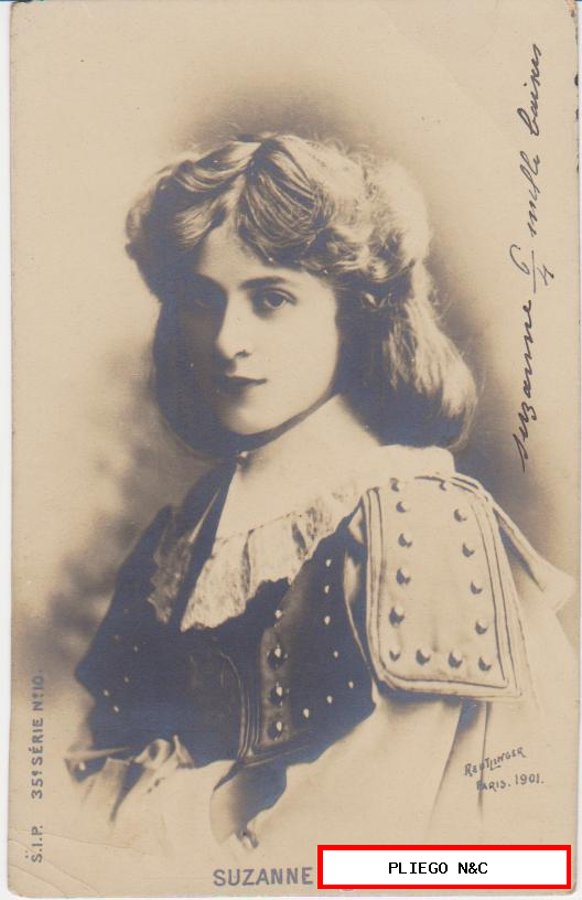 Suzanne Demay. Postal francesa de la actriz. Franqueado y fechado en 1902 en Verdún