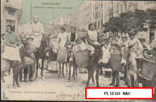 Santander. Aldeanas camino del mercado. Postal anterior a 1906. Fechada en 1910