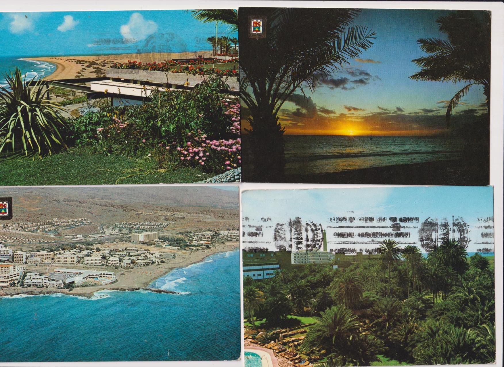 Gran Canaria. lote de 4 postales: Playa del Inglés, San Agustín y Maspalomas. Franqueadas en 71, 74, 77 y 78