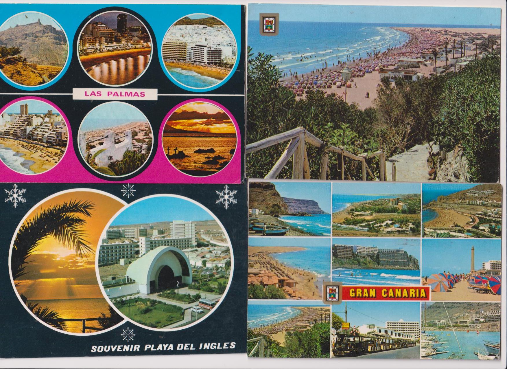 Gran Canaria. Lote de 4 Postales: Vistas y Playa del inglés. Franqueadas y fechadas 73, 82 y 87