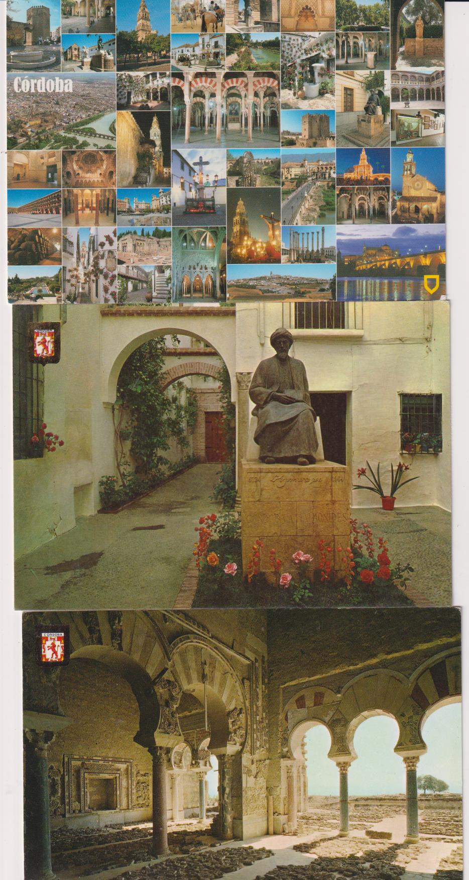 Córdoba. Lote de 3 postales: Vistas, Monumento a Maimónides y Medina Azzahara