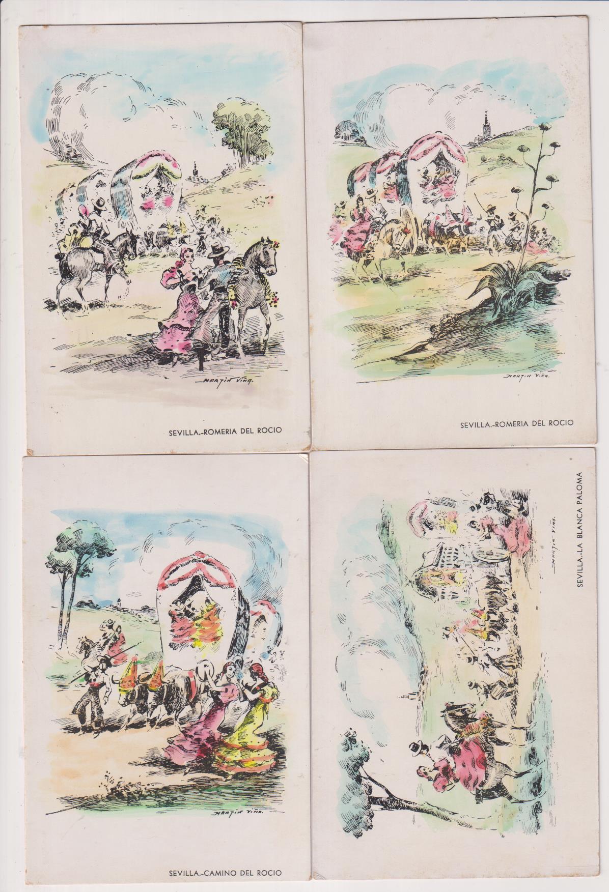 Lote de 4 Postales Ilustradas por Martín Viña. Romería del Rocío. Años 40