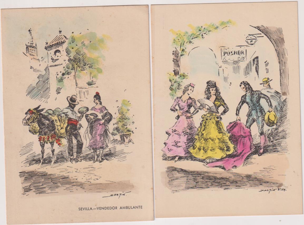 Lote de 2 Postales ilustradas por Martín Viña. Goyescas y Vendedor de melones. Años 40
