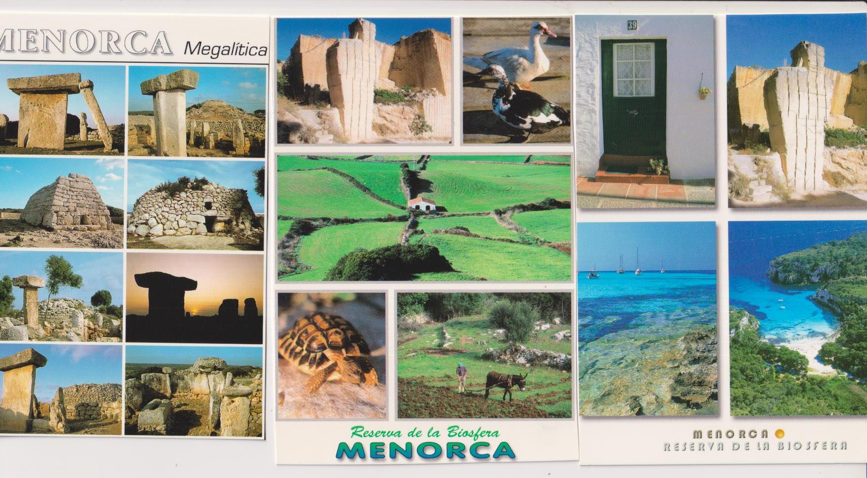 Menorca. Lote de 3 postales: Megalítica y Reserva de la Biosfera (2)