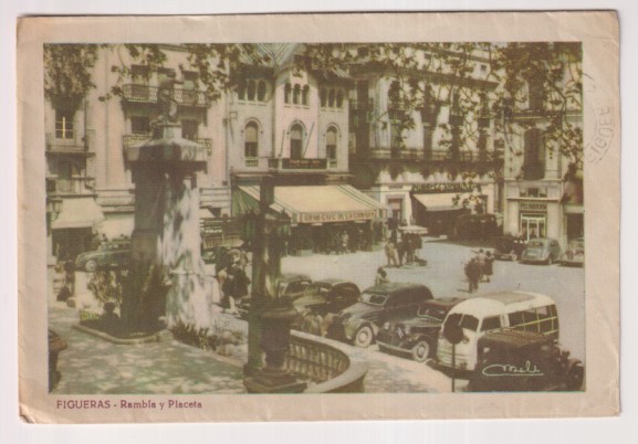 Figueras. Rambla y Placeta. Sobre para enviar postales de Figueras. Franqueado y fechado al dorso en 1956. RARO