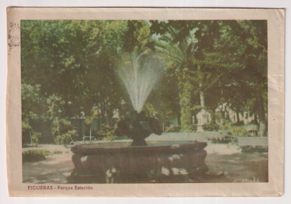 Figueras. Parque estación. Sobre para enviar postales de Figuera. Franqueado y fechado al dorso en 1960. RARO