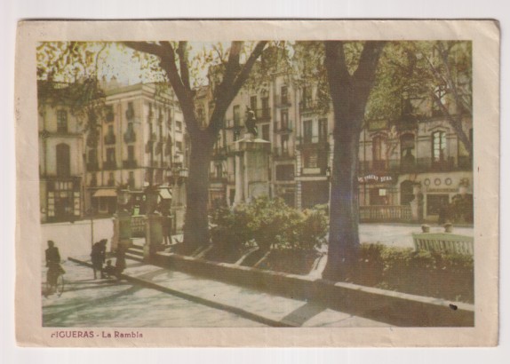 Figueras. La rambla. Sobre para enviar postales de Figueras. Franqueado y fechado al dorso: 13-may. 1960. RARO