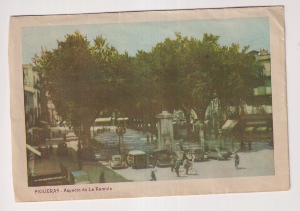 Figueras. Aspecto de la Rambla. Sobre para enviar postales de Figueras. Franqueado y fechado al dorso: 23-May. 1960