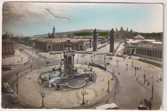 619. Barcelona. Plaza de España. La Exposición. Fot. Nicolás Reuss. coloreada a mano. Fechada: 13-VII-56