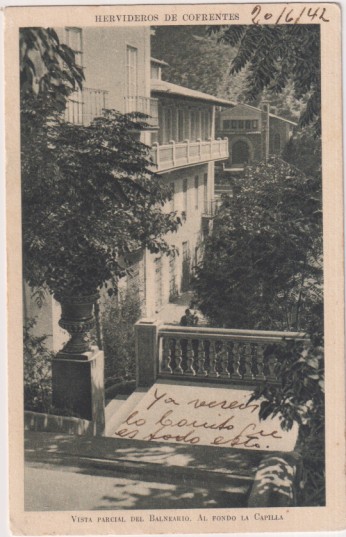Hervideros de Corrientes. Vista parcial del Balneario. Al fondo la Capilla. Franqueado y fechado el 20-jun. 1942