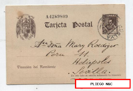 Tarjeta Entero Postal nº 83. De Huelva a Sevilla. De fecha 13 Diciembre 1940
