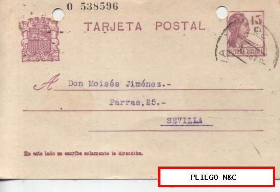 Tarjeta Entero Postal. De Huelva a Sevilla. De 8 Abril 1936