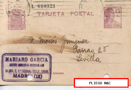 Tarjeta Entero Postal. De Madrid a Sevilla. De 9 de Marzo de 1936