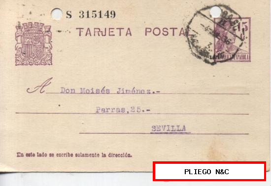 Tarjeta Entero Postal. De Huelva a Sevilla. De 4 de Julio de 1936