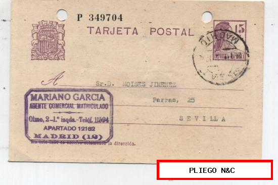 Tarjeta Entero Postal. De Madrid a Sevilla. De 26 de Mayo de 1936