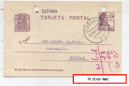 Tarjeta Entero Postal. De Huelva a Sevilla. De 26 de Mayo de 1936