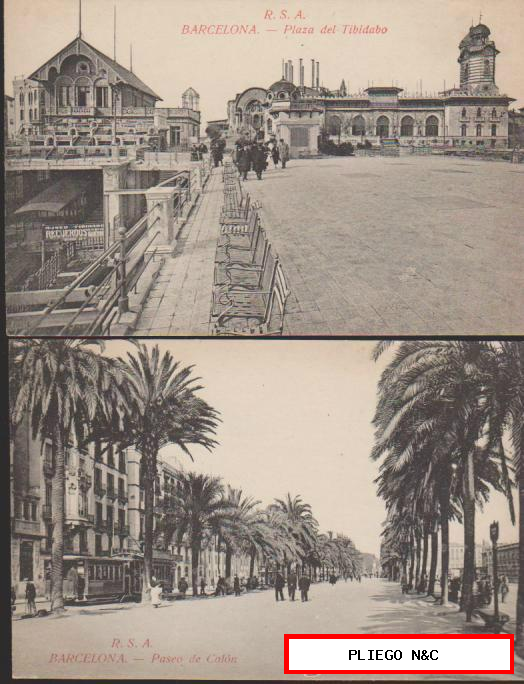 Barcelona. Paseo de Colón y Plaza del Tibidabo. R.S.A. (2 postales)