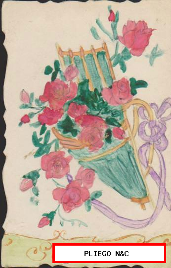 Postal Francesa Troquelada. dibujada y coloreada a mano. Fechada en 1918
