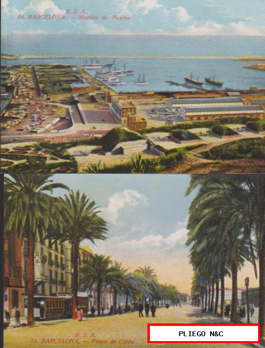 Barcelona. Paseo de Colón y Muelles del Puerto (2 postales) R.S.A.