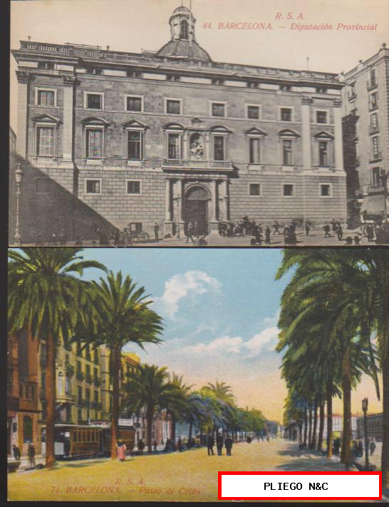Barcelona. Paseo de Colón y Diputación Provincial (2 postales) R.S.A.