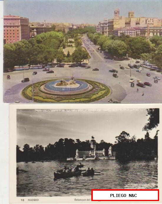 Madrid. Lote de 2 postales: Plaza de Cánovas del Castillo y Estanque del Retiro
