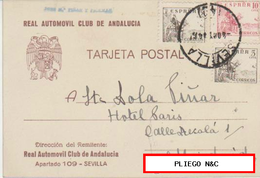 Tarjeta Entero Postal. Real Automóvil Club de Andalucía. De Sevilla a Madrid