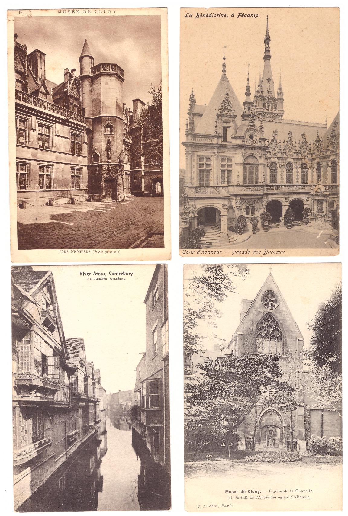 Lote de 4 Postales: River Stour, Canterbury (1) (3 ) Francesas: Musée de Cluny y La Bénédictine á Fecamp