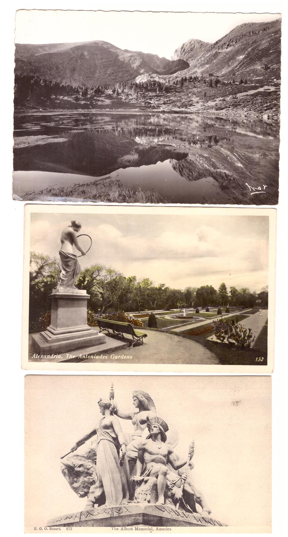 Lote de 3 Postales: Le Canigou (Francia), Alexandria (Egipto) y The Alber Memorial, América