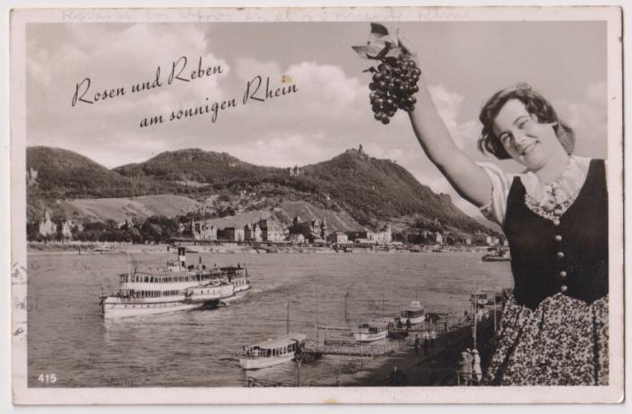 Postal. Rosen und Reben am sonnigen Rhein. Fechada al dorso en 1950