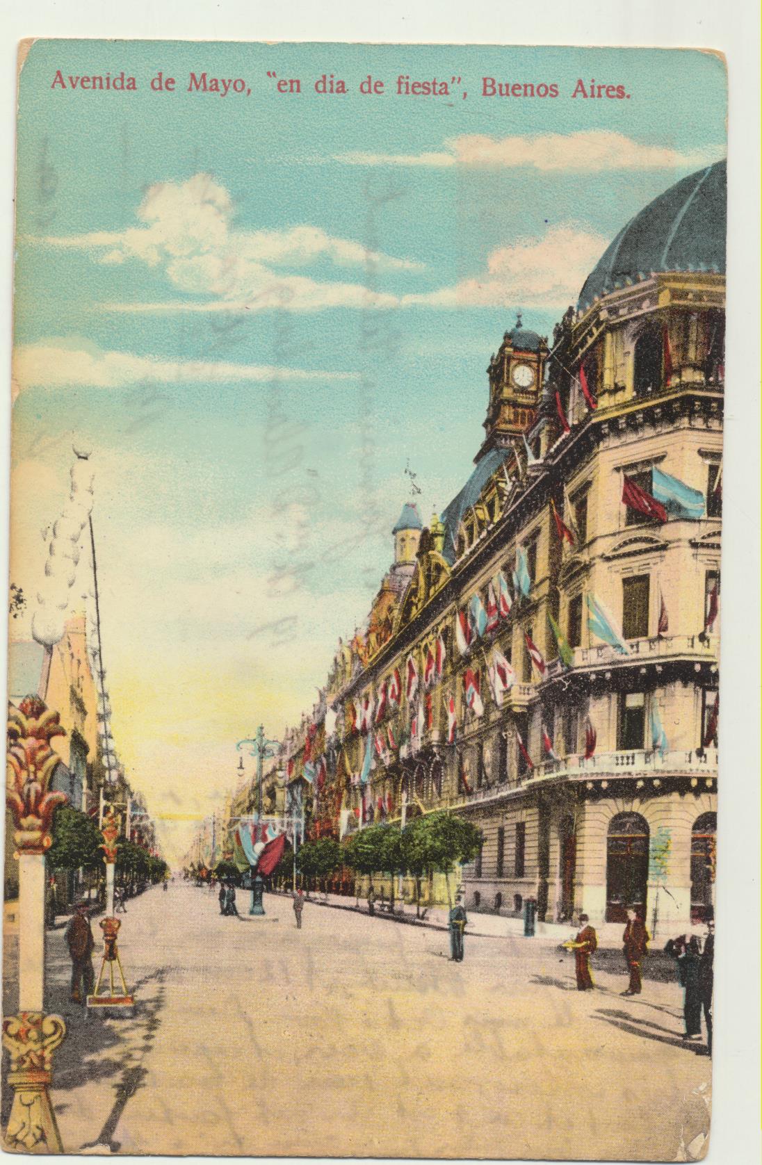 Postal. Buenos Aires. Avenida de Mayo en día de Fiesta. Franqueada y fechada en Buenos Aires el 19-Feb-1913