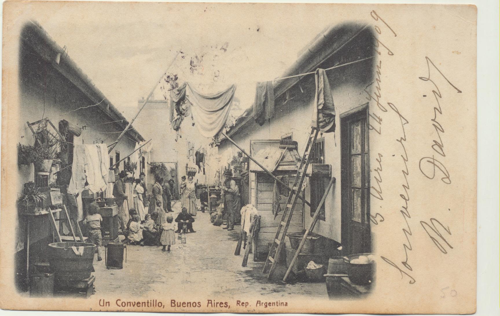 Argentina. Postal. Un Conventillo, Buenos Aires. Franqueado y fechado en Buenos Aires el 24-6-1908