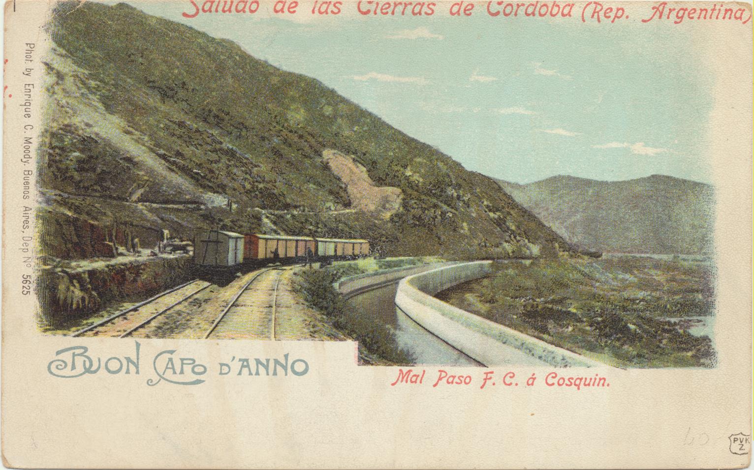 Argentina. Postal. Saludo de las Sierras de Córdoba. Mal Paso F. C. a Cosquin. Anterior a 1905