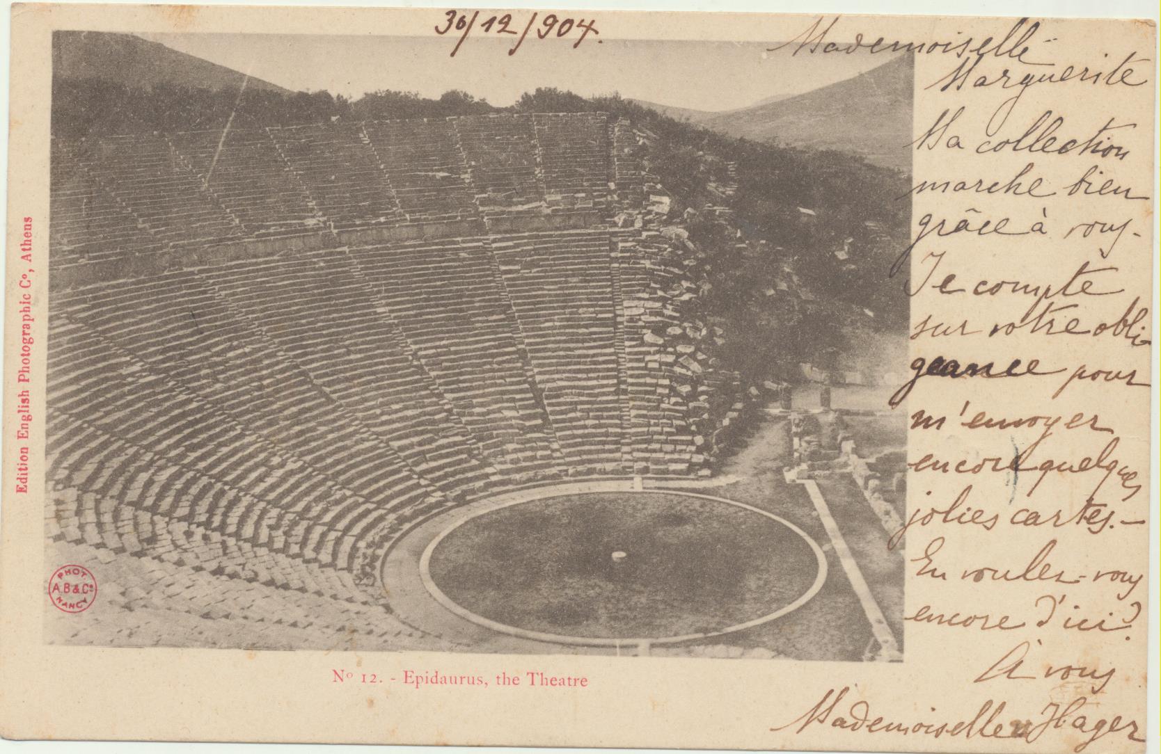 Grecia. Postal. Epidaurus, The Theatre. Franqueado y fechado en Atenas el 18-Enero-1905