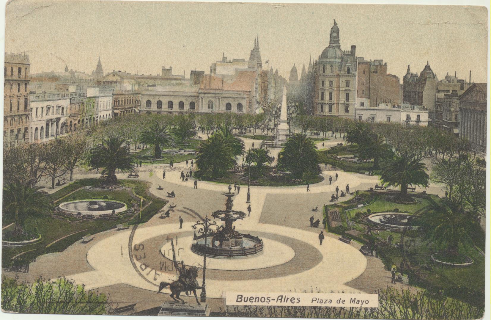 Argentina. Postal. Buenos Aires, Plaza de mayo. Franqueada y fechada el 14-Junio-1913