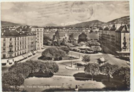 Geneve. Place des Alpes et le Mont-Blanc. Franqueado y fechado en Geneve en 1948. Destino: Barcelona