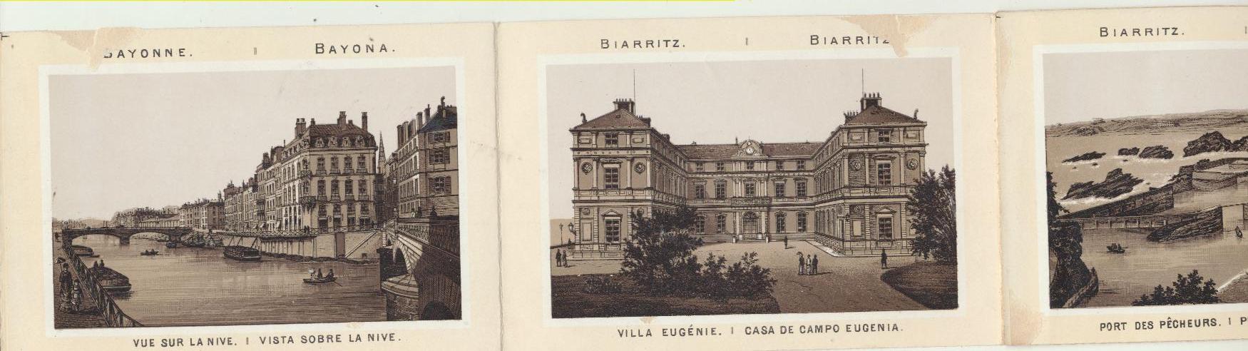 Tira de 8 postales en acordeón de Bayona y Biarritz. Principios de siglo XX