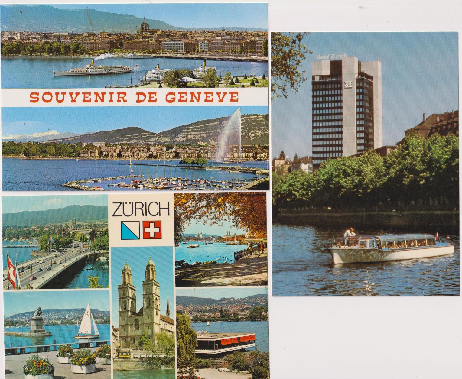 Suiza Lote de 3 Postales. Vistas de Ginebra, Vistas de Zúrich y Hotel Zúrich