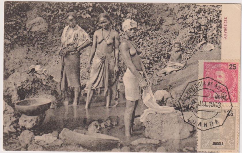 Lavadeiras. Franqueada y fechada en Provincia de Angola. 6 Julio de 1903. Bonita postal. RARA