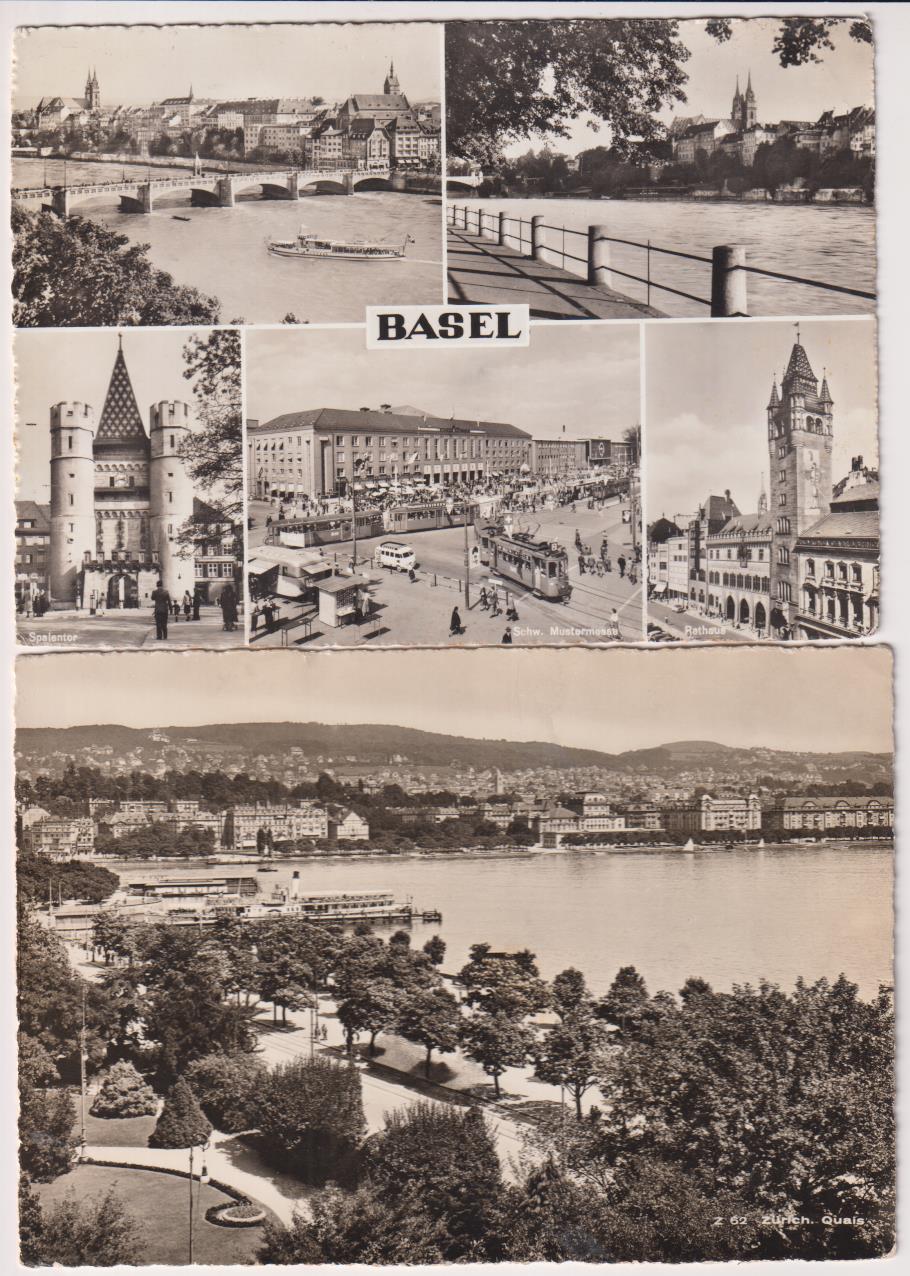 Suiza. Lote de 2 Postales: Basilea y Zúrich. Franqueado y fechado en 1958 y 1962