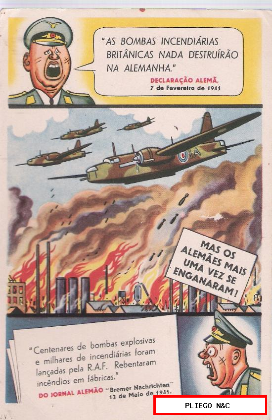 Postal en portugués, parodiando los bombardeos alemanes. 1941