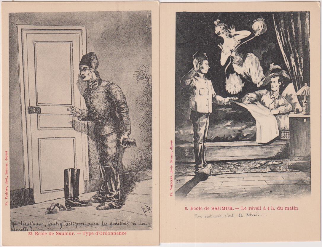 Lote de 2 postales Cómicas. Francia, Saumur. Escuela Militar de Caballería, 1903