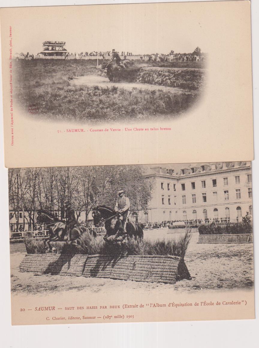 Lote de 2 postales. Francia. Saumur. Escuela militar de Caballería, 1903