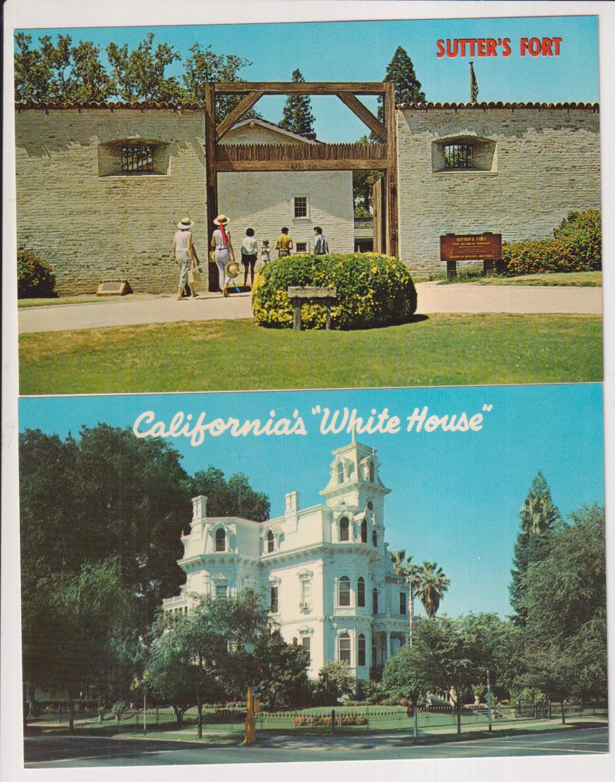 california. lote de 2 postales. SAcramento. la mansión del Gobernador y fuerte Sutters. años 60