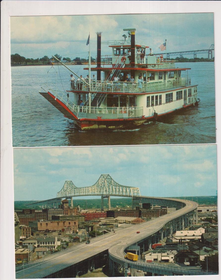 Nueva Orleans. lote de 2 postales.- The M.V. Mark Twain y The Greater Bridge. Años 50-60. sincircular