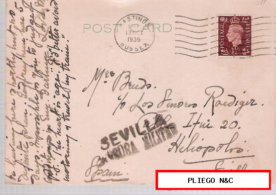 Tarjeta Postal de Gran Bretaña a Sevilla. Franqueada con sello 211, matasello de Susex 13 Oct. 1939