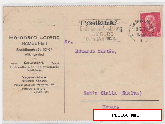 Tarjeta de Hamburgo a Cala de 8 Febrero 1929