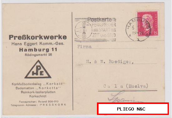Tarjeta con membrete de Hamburgo a Cala de 6-3-1930